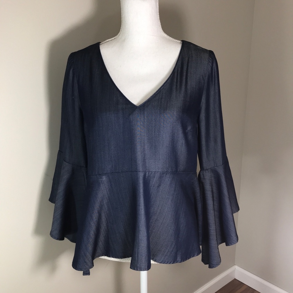 White House Black Market Navy V-Neck Bell Sleeve Blouse